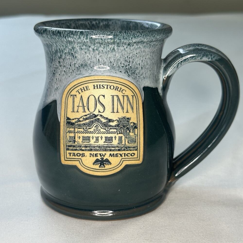 Deneen Pottery Coffee Potbelly Stein Drip Glaze Mug TAOS INN Teal & White